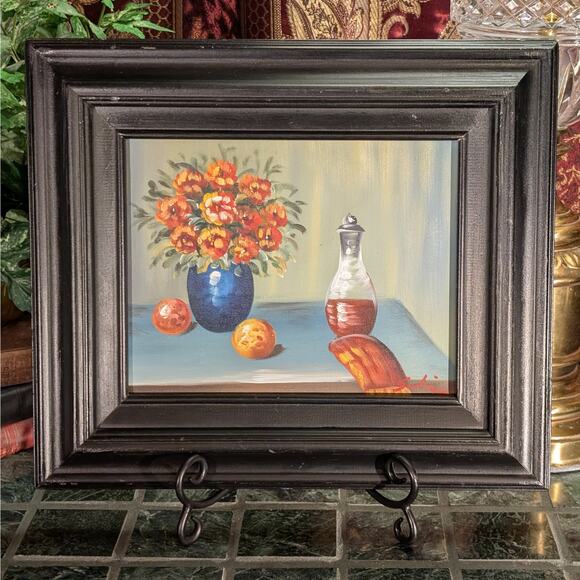 15x13 OOAK Framed Original Oil Painting on Canvas Still Life w/ Flowers & Bottle